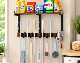 Wood Mop Holder Wall Mount with Shelf, Broom Organizer Rack for Garage
