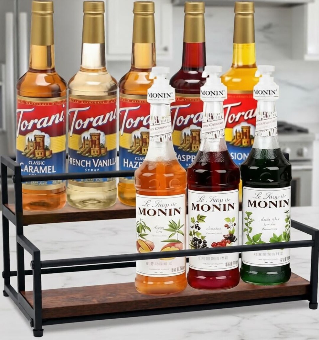 2 Tier Rustic Wood Metal Syrup Rack, Counter Top Bottle Holder Display ...