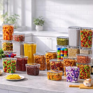 May include: A collection of clear, rectangular food storage containers filled with various dry goods, including pasta, beans, and colorful candies. The containers are arranged on a countertop in a kitchen setting.