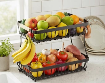 2-Tier Metal  Fruit Basket with Banana Hanger, Kitchen Counter Organiser