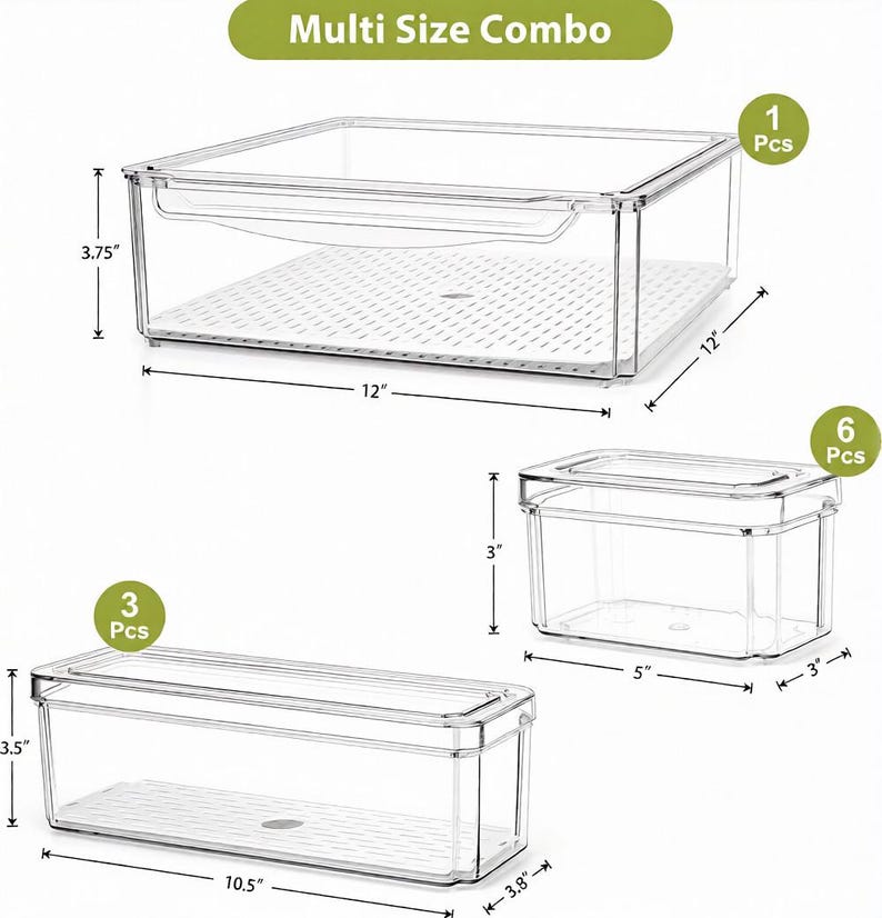 Op de afbeelding: Transparante plastic voedselopslagcontainers in verschillende maten. De grootste container is 30,5 cm lang, 30,5 cm breed en 9,5 cm hoog. De afbeelding bevat de tekst "Multi Size Combo".