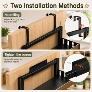 May include: A black metal storage rack with two installation methods. The first method uses adjustable hooks to hang over a door. The second method uses screws for direct mounting. The rack features a flat shelf and a vertical frame structure.