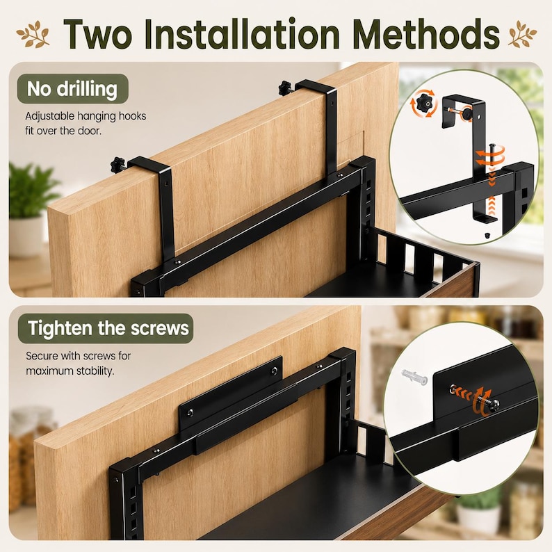 May include: A black metal storage rack with two installation methods. The first method uses adjustable hooks to hang over a door. The second method uses screws for direct mounting. The rack features a flat shelf and a vertical frame structure.