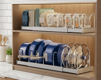 Pot and Lid Expandable  Organizer, Adjustable Pan Rack, Kitchen Cabinet Storage