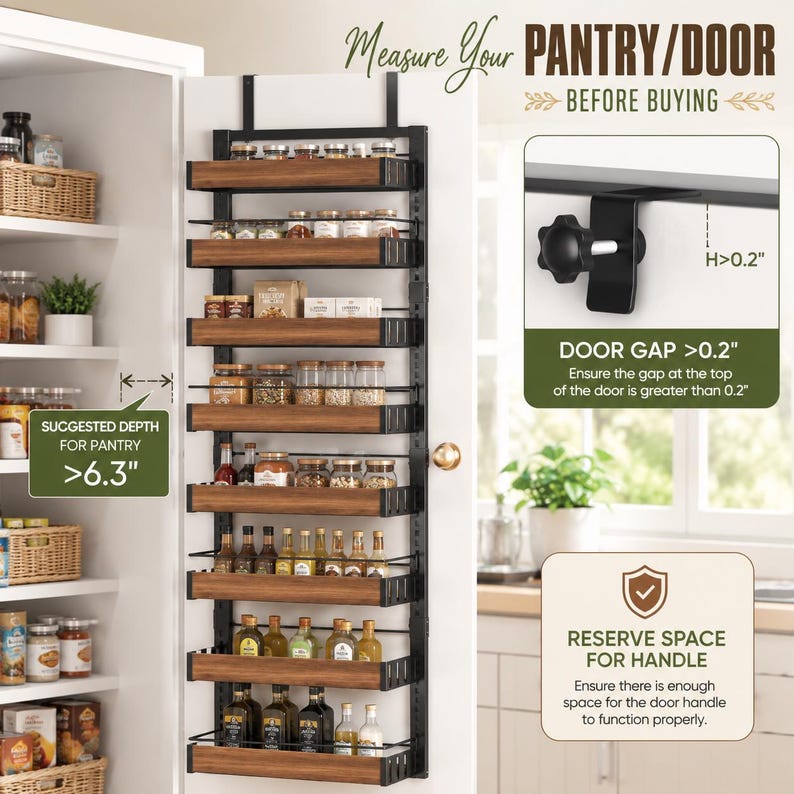 May include: An over-the-door pantry organizer with eight shelves featuring a black metal frame and wood-grain panels. The image includes text instructions for installation, noting a required door gap greater than 0.2 inches and pantry depth over 6.3 inches.