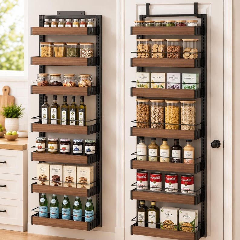 May include: Two tall, black metal over-the-door pantry organizers with multiple horizontal shelves featuring dark wood-grain finish bases. Each shelf holds various glass jars, bottles, food boxes, and canned goods arranged in organized rows.