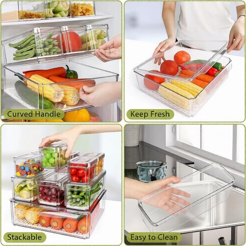 Op de afbeelding: Transparante plastic voedselopslagcontainers met deksels. De containers bevatten verschillende soorten groenten en fruit. Kenmerken zijn gebogen handgrepen, stapelbaar ontwerp en gemakkelijk schoon te maken. De tekst op de afbeelding luidt "Keep Fresh" en "Stackable".