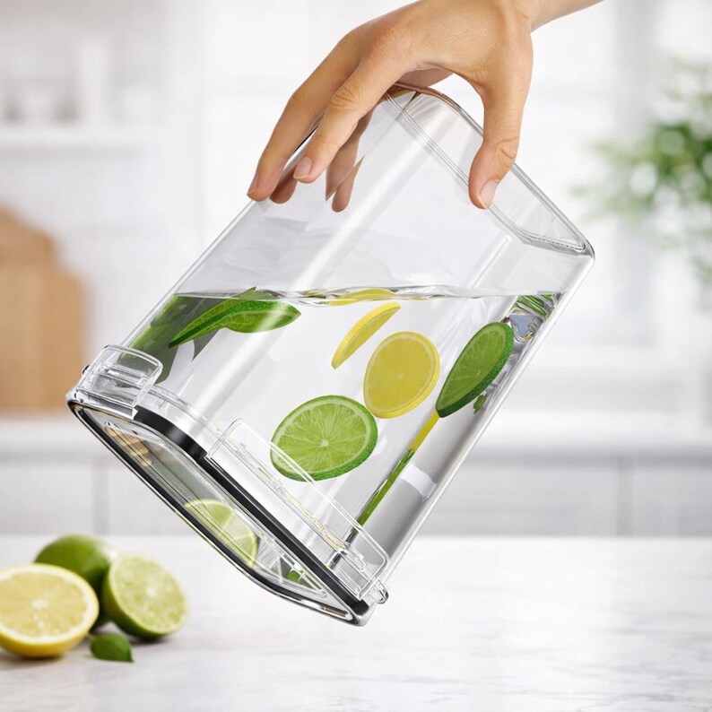 May include: A clear rectangular pitcher filled with water and sliced lemons and limes. The pitcher is being held at an angle, with the contents visible. The pitcher is on a white surface, with additional lemons and limes.