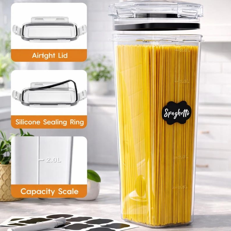 May include: A clear, rectangular food storage container filled with spaghetti. The container has an airtight lid and a silicone sealing ring. The capacity scale shows 2.0L. The container has a black label that says "Spaghetti".