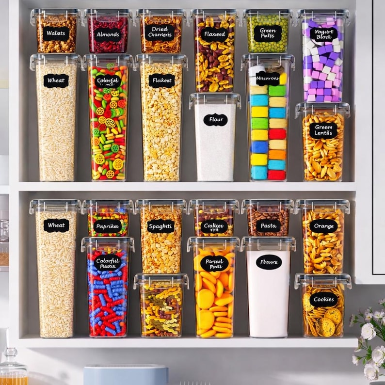 May include: A collection of clear, rectangular food storage containers with black labels. The containers are filled with various dry goods like wheat, pasta, and cookies. The labels display the names of the contents, such as "Almonds" and "Flour".