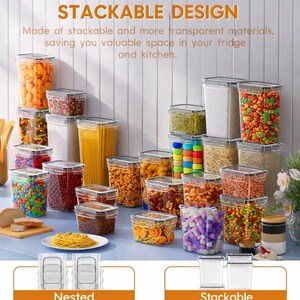 May include: Clear, stackable food storage containers filled with various items like pasta, beans, and candies. The containers are arranged on a blue surface, with the text "STACKABLE DESIGN" at the top. The image highlights the space-saving design.