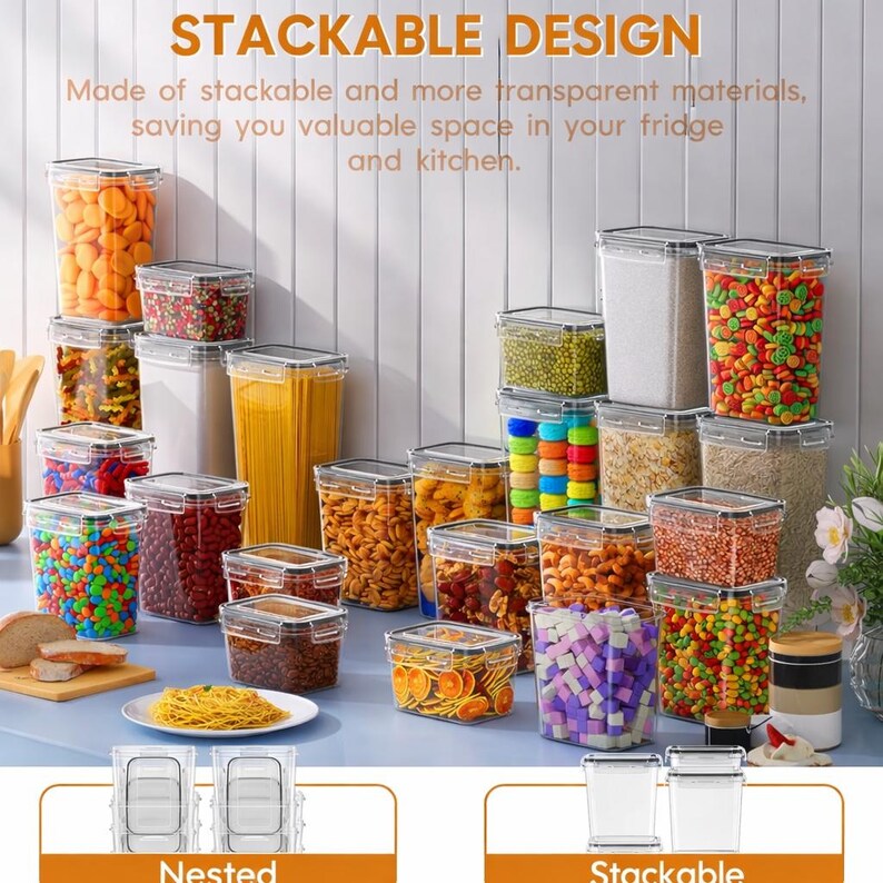 May include: Clear, stackable food storage containers filled with various items like pasta, beans, and candies. The containers are arranged on a blue surface, with the text "STACKABLE DESIGN" at the top. The image highlights the space-saving design.