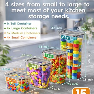 May include: A set of four clear plastic food storage containers with black lids. The containers vary in size, with the largest measuring 11.6 inches high. The image includes text indicating the containers come in four sizes to meet kitchen storage needs.