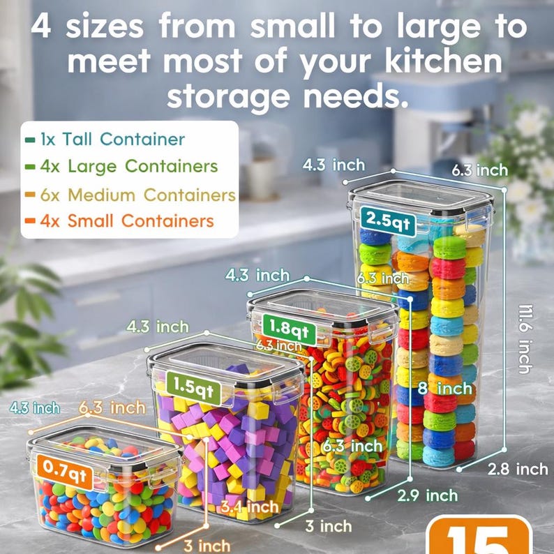 May include: A set of four clear plastic food storage containers with black lids. The containers vary in size, with the largest measuring 11.6 inches high. The image includes text indicating the containers come in four sizes to meet kitchen storage needs.