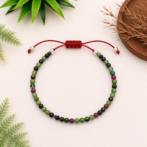 Pulseira de cordão de rubi zoisita natural, joia artesanal com pedras preciosas para presente.