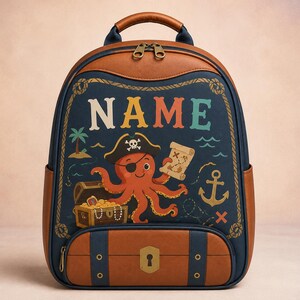 Personalized Pirate Octopus Treasure Cove Toddler Backpack, Custom Name Leather Preschool Bag, Kids Gift