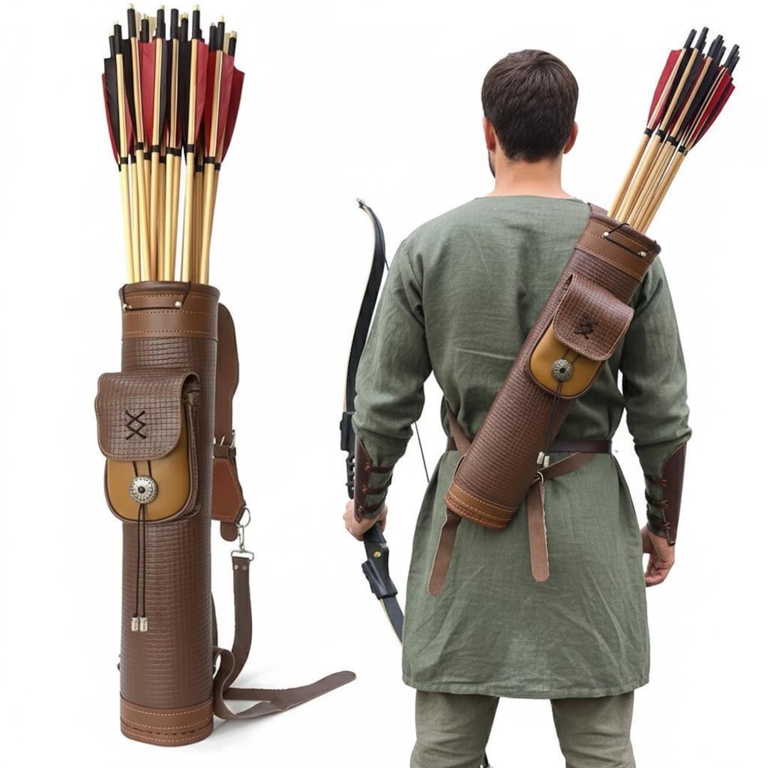 Handmade Leather Back Arrow Quiver – Archery Gear With Accessory Pouch ...