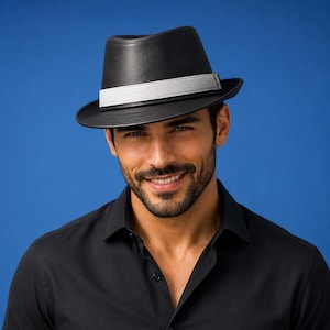 Handmade Leather Fedora Hat, Two-Tone Pinched Crown Trilby, Mens Classic Style