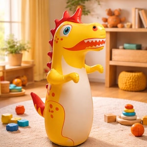 May include: A yellow inflatable dinosaur toy with red detailing, including a crest, spots, and tail. The toy has a white belly and is on a beige rug. Other toys are scattered around the rug.
