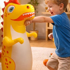 May include: A yellow inflatable dinosaur with red detailing and a white underbelly. A child in a blue top and khaki shorts is punching the toy. The dinosaur has a friendly face and is designed for play, suitable for children.