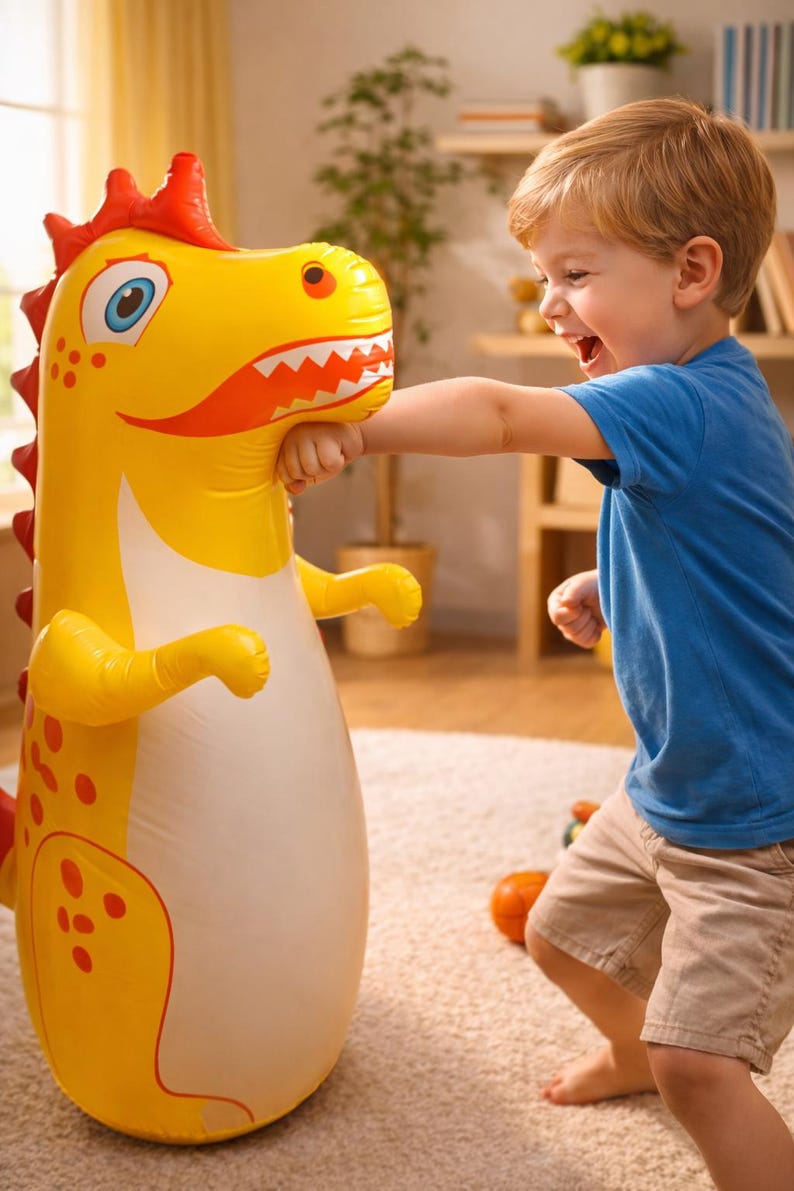 May include: A yellow inflatable dinosaur with red detailing and a white underbelly. A child in a blue top and khaki shorts is punching the toy. The dinosaur has a friendly face and is designed for play, suitable for children.