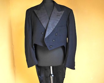 vintage Sandon & co veste homme 40 ans queue de pie noir smoking revers en satin formel des années 60