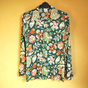 Vintage 70s Golden Vee Shirt Mens Green Floral Dagger Collar Hippie Button Up L