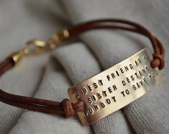 Gold Best Friend Bracelet - Leather - Hand Stamped - Customize - Best Friend Jewelry