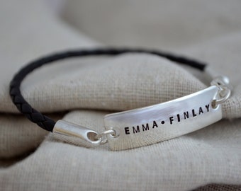 Double Sided Simple Personalized Bracelet - Sterling Silver - Personalize - Leather- Thought Blossoms