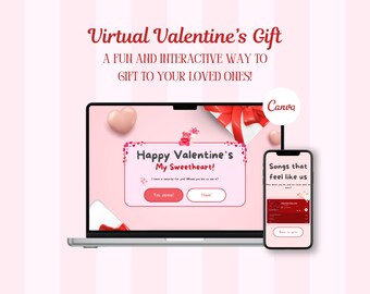 May include: A laptop and smartphone displaying a virtual Valentine's gift interface with pink backgrounds, heart graphics, and text reading Virtual Valentine's Gift, Happy Valentine's My Sweetheart!, and Songs that feel like us.