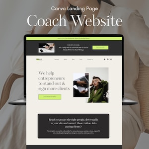 May include: A laptop displaying a website design with the text "Coach Website" and "We help entrepreneurs to stand out & sign more clients." The website template is for coaches and entrepreneurs.