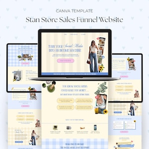 May include: A laptop, tablet, and phone display a website template with a light blue and beige color scheme. The website promotes turning social media into an income machine. The text includes "Stan Store Sales Funnel Website" and "From Zero to Income".