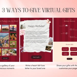 May include: A digital gift concept with three panels. The first panel says "Thanks for being you, my love!" with photos. The second panel says "Happy Birthday!" with a handwritten letter. The third panel shows a birthday itinerary and bonus gift options.