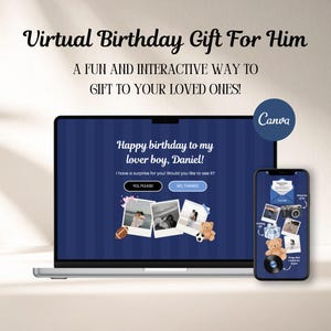 Puede incluir: Un ordenador portátil y un teléfono inteligente muestran una interfaz de regalo de cumpleaños virtual con un fondo de rayas azul oscuro. La pantalla incluye el texto "Happy birthday to my lover boy, Daniel!" junto a botones, fotos e iconos.