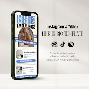 May include: A smartphone displays an Instagram & TikTok Link in Bio template. The screen shows "AMELIA ROSE" in a stacked design, a photo, and course details. The background includes social media icons and text about content creators.
