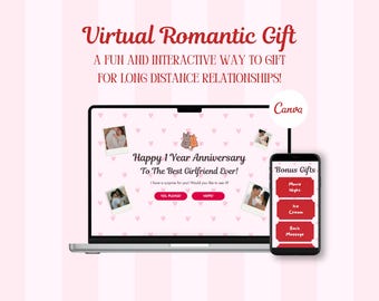May include: A laptop and smartphone display a virtual romantic gift concept. The laptop screen reads "Happy 1 Year Anniversary To The Best Girlfriend Ever!" with photo inserts. The phone shows "Bonus Gifts" like "Movie Night". The background is pink.