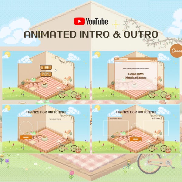 Animated Youtube Intro Youtube Outro Cozy Gamer Editable Canva Templates Pixel Art YT Animations