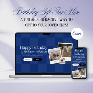 Puede incluir: Un portátil y un smartphone muestran un concepto de regalo de cumpleaños con el texto "Happy Birthday to My Favorite Person". El diseño incluye fotos y la frase "A FUN AND INTERACTIVE WAY TO GIFT TO YOUR LOVED ONES!"