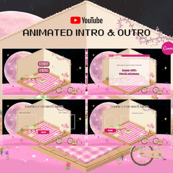 Animated Youtube Intro Youtube Outro Cozy Gamer Editable Canva Templates Pixel Art YT Animations