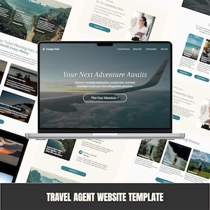Może przedstawiać: Laptop wyświetlający szablon strony internetowej agenta turystycznego. Strona internetowa zawiera tekst "Your Next Adventure Awaits" i przycisk wezwania do działania. Widoczne są dodatkowe strony internetowe.
