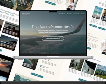 May include: A laptop displaying a travel agent website template. The website features a header with the text "Your Next Adventure Awaits" and a call to action button. Additional website pages are visible around the laptop.