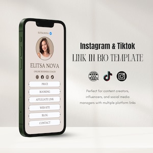 以下が含まれることがあります： スマートフォンには、InstagramとTikTokのLink in Bioテンプレートが表示されています。画面には、写真、ソーシャルメディアのアイコン、価格、予約、アフィリエイトリンク、ウェブサイト、ブログ、連絡先のボタンが表示されたプロフィールが表示されています。電話はオリーブグリーンです。