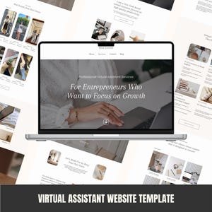 Könnte beinhalten: Ein Laptop-Bildschirm zeigt eine Website-Vorlage für virtuelle Assistenten-Dienste. Das Design ist modern und auf Unternehmer ausgerichtet. Der Text auf dem Bildschirm lautet "For Entrepreneurs Who Want to Focus on Growth". Das Bild enthält auch den Text "Virtual Assistant Website Template".