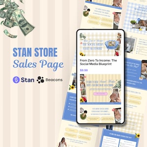 May include: A digital marketing sales page with the text "STAN STORE Sales Page" and "From Zero To Income: The Social Media Blueprint". The page includes a phone mockup and graphics of money and sunflowers.