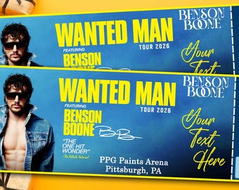 Biglietto personalizzato per il concerto di Benson Boone in formato PDF e PNG, biglietto per Benson Boone 2026, biglietto per il concerto degli American Heart, biglietto per il concerto dei Wanted Man a sorpresa per il compleanno.
