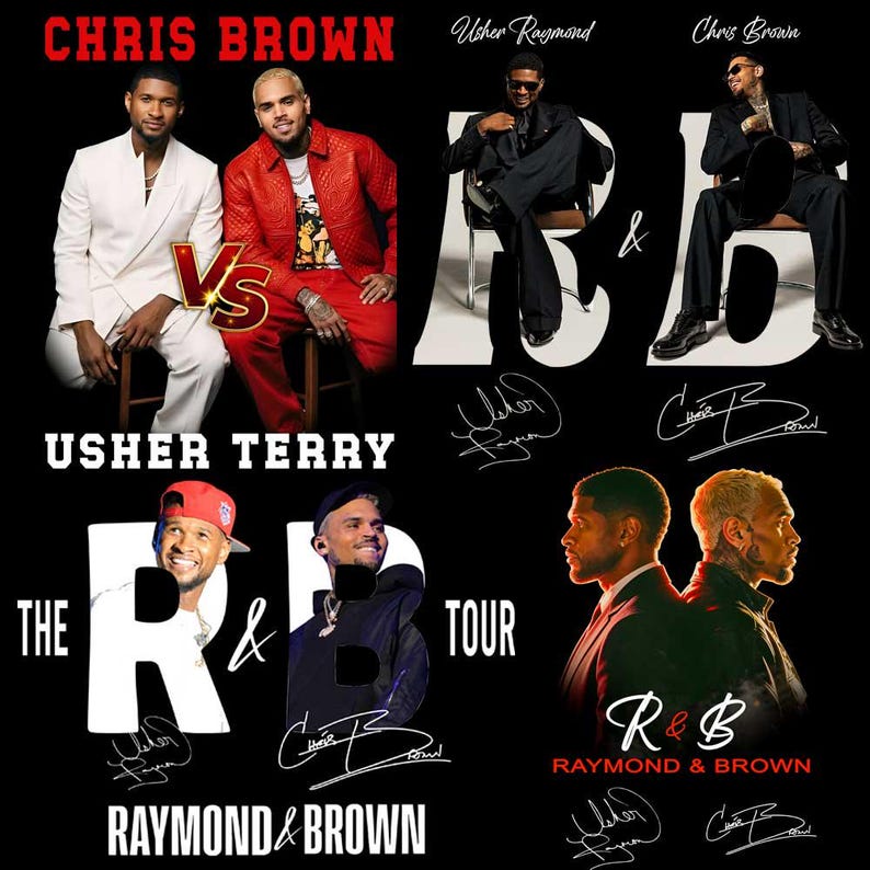 May include: Black promotional poster featuring Usher and Chris Brown. The poster includes the text "CHRIS BROWN VS USHER TERRY" and "THE R&B TOUR RAYMOND & BROWN". The poster also includes images of Usher and Chris Brown.