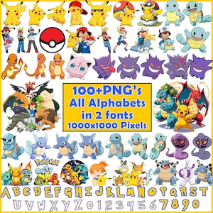 Op de afbeelding: Een verzameling kleurrijke Pokémon-personages en illustraties, waaronder Pikachu, Charizard en Squirtle. De afbeelding bevat ook het alfabet en cijfers, met de tekst "100+ PNG's All Alphabets in 2 fonts 1000x1000 Pixels".