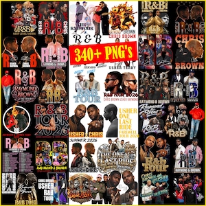 May include: A collection of R&B tour graphics featuring Usher, Chris Brown, and Raymond Brown. The images include tour logos, promotional materials, and the text "340+ PNG's". The color palette includes red, black, and white.