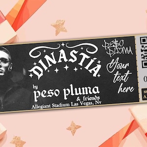 Könnte beinhalten: Ein schwarz-weiß Konzertticket für "Dinastia by Peso Pluma & friends" im Allegiant Stadium, Las Vegas. Das Ticket enthält ein Foto eines Mannes, einen QR-Code und das Datum "01. MAI 2026". Der Hintergrund zeigt Geschenkboxen.