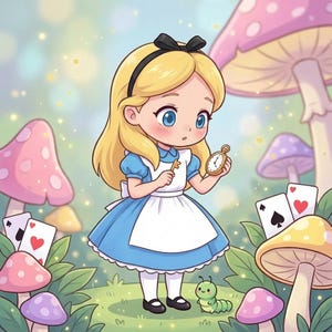 Può includere: Illustrazione digitale di Alice nel Paese delle Meraviglie. Alice, con capelli biondi e un fiocco nero, tiene in mano una chiave e un orologio da tasca. Indossa un vestito blu e un grembiule bianco, circondata da funghi, carte da gioco e un bruco.